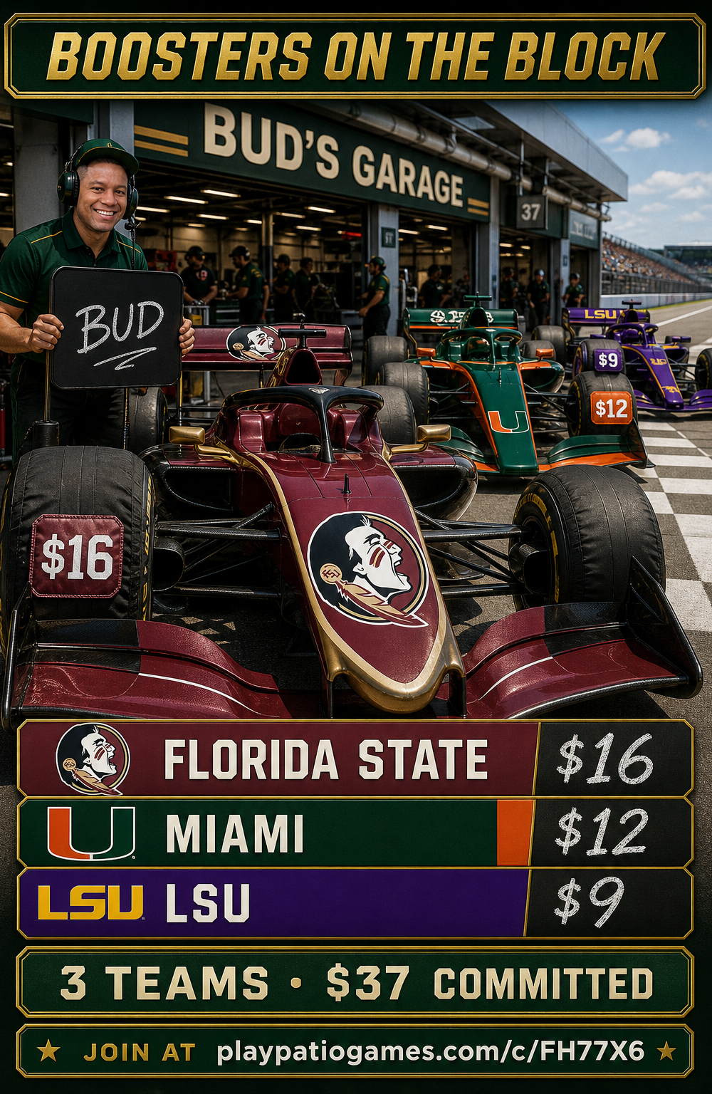 Bud Baker's auction slate